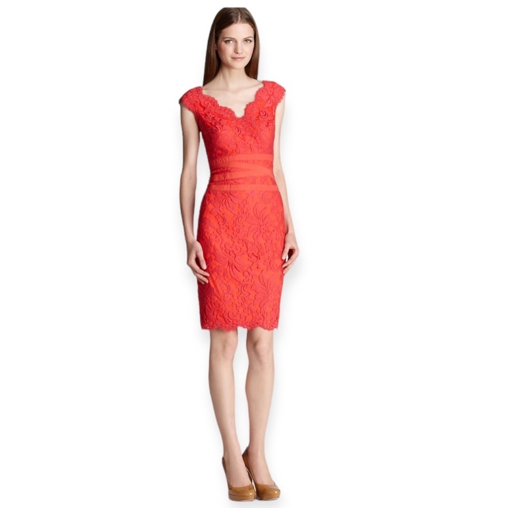 Tadashi Shoji Coral-Red Lace Cap-Sleeve Midi Dress